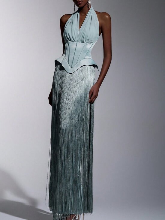 Dresses & Skirts - Green Elegant Women's Halter Neck Sleeveless Maxi Dress With Fringe